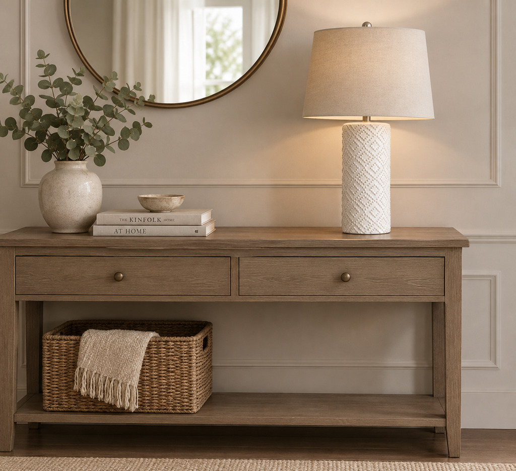 White Beaded Ceramic Lamp With Linen Shade