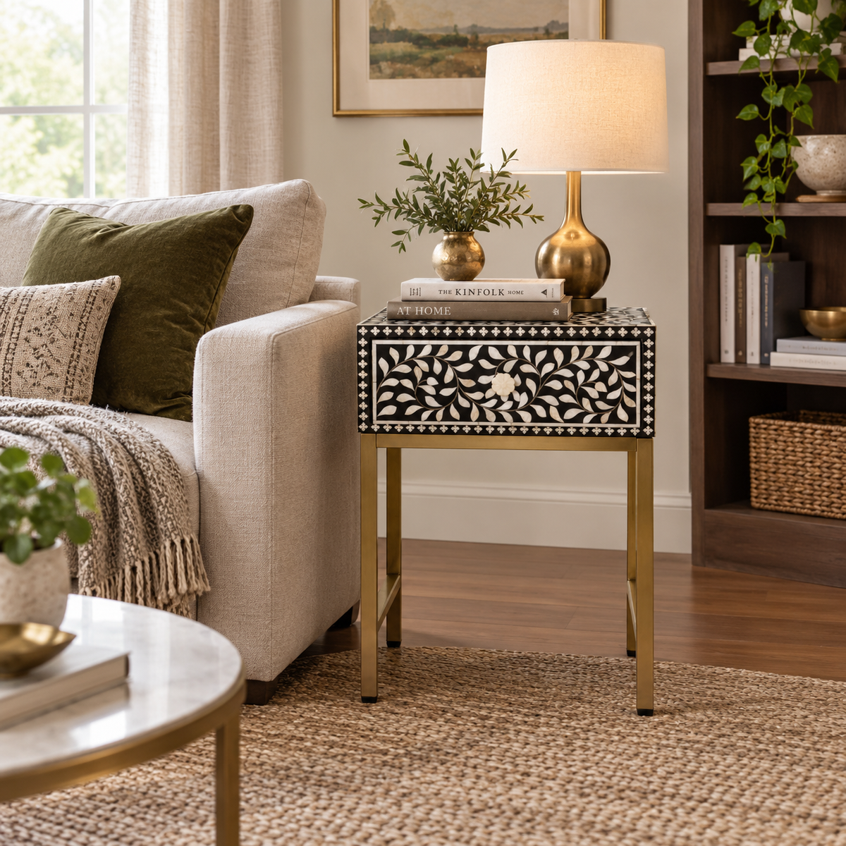 Beaumonde Home Fuster 1 Drawer Side Table with Bone Inlay