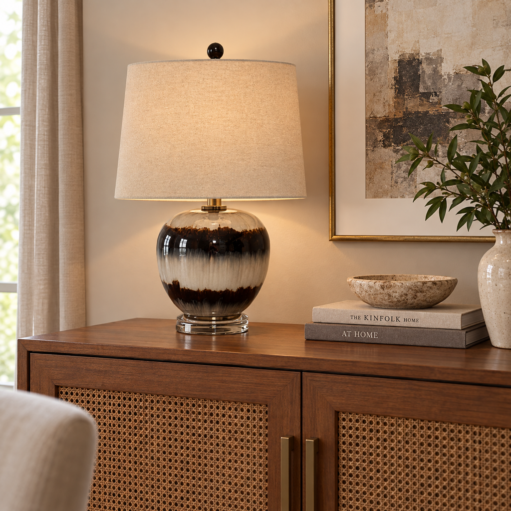 Sepia Shadows Squat Table Lamp With Linen Shade