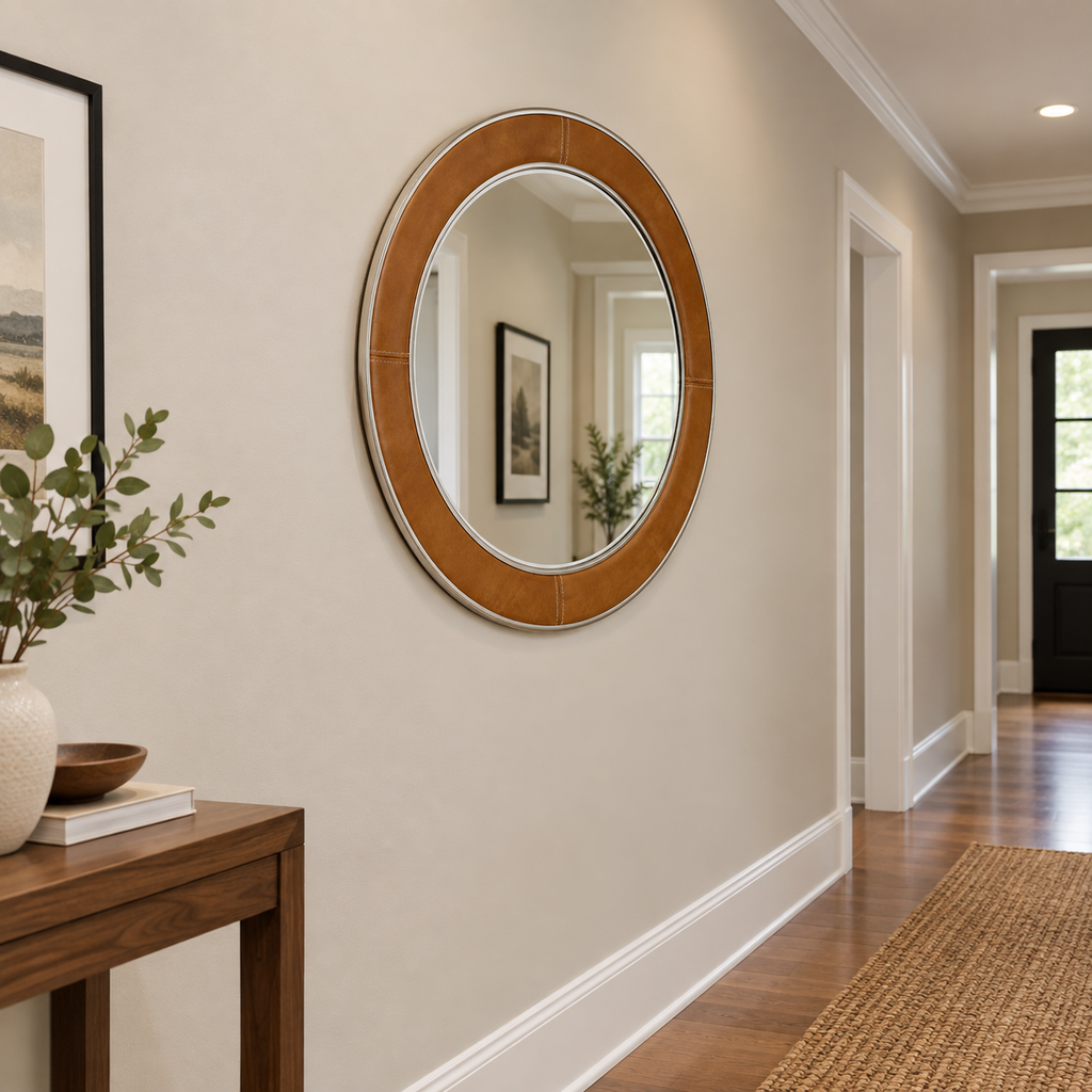 Beaumonde Home Churchill Tan Genuine Leather Wall Mirror
