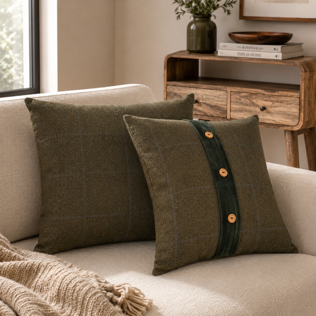 Quinn Cushion Set of 2 – Green Olive Tartan & Green Velvet