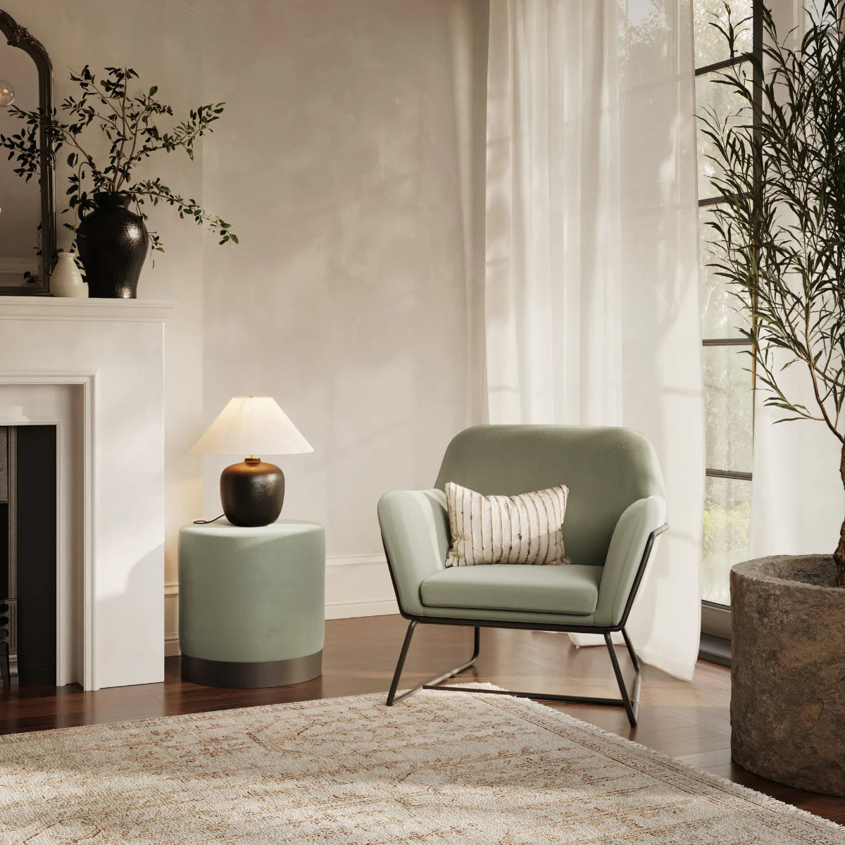 HO+ME Charles Armchair In Sage Velvet And Matte Black