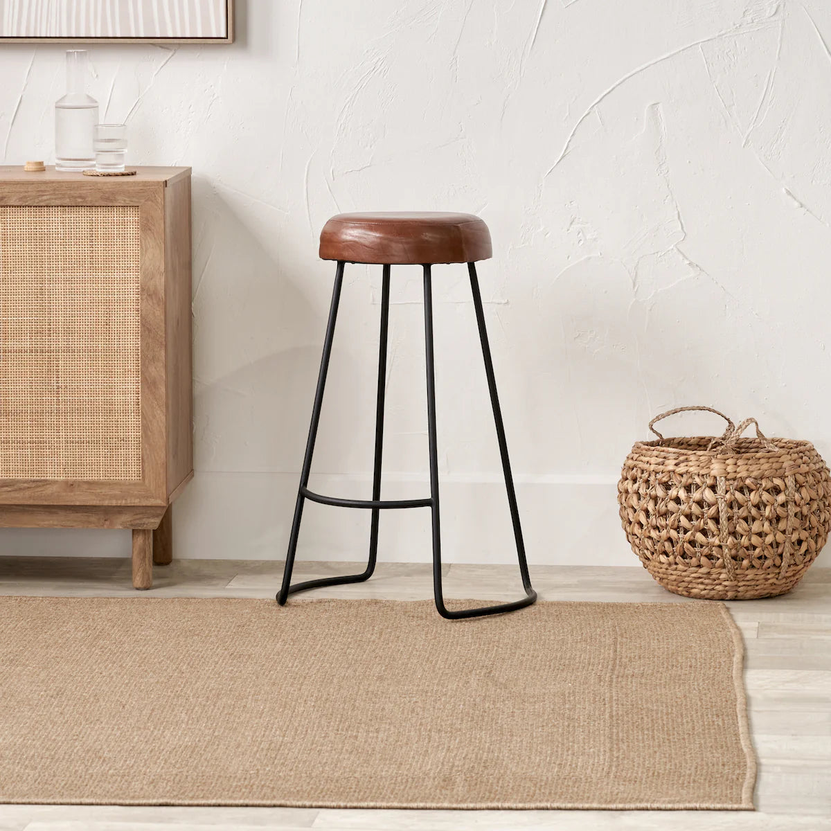 Pacific Lifestyle Mikkel Vintage Brown Leather and Black Metal Bar Stool