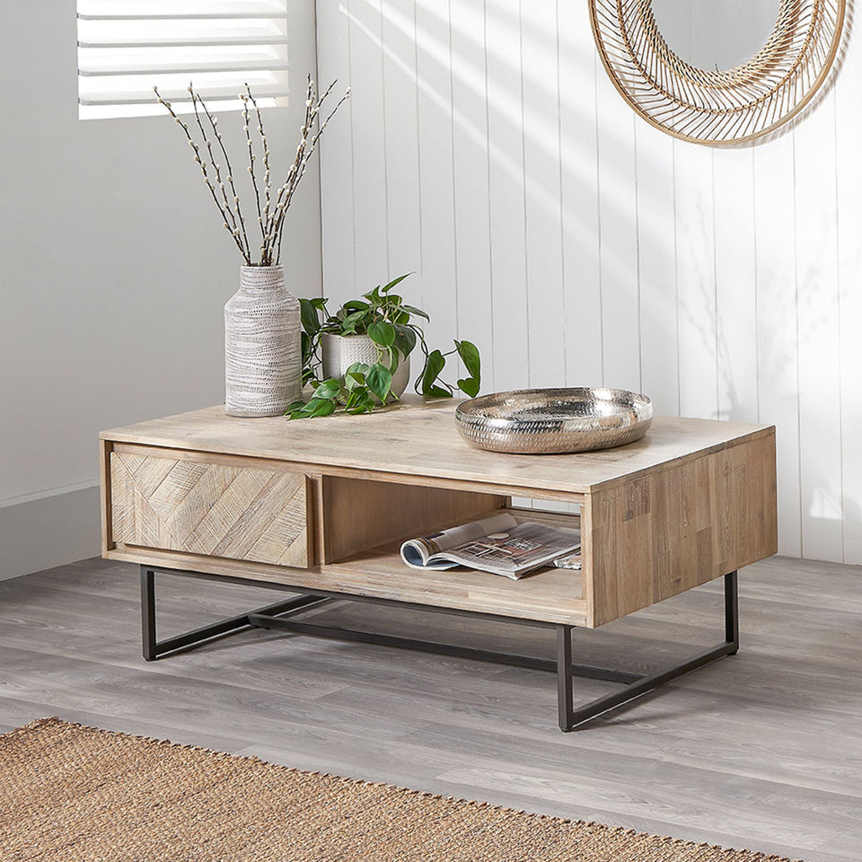 Pacific Lifestyle Torben Sand Wash Acacia Wood and Black Metal 2 Drawer Coffee Table