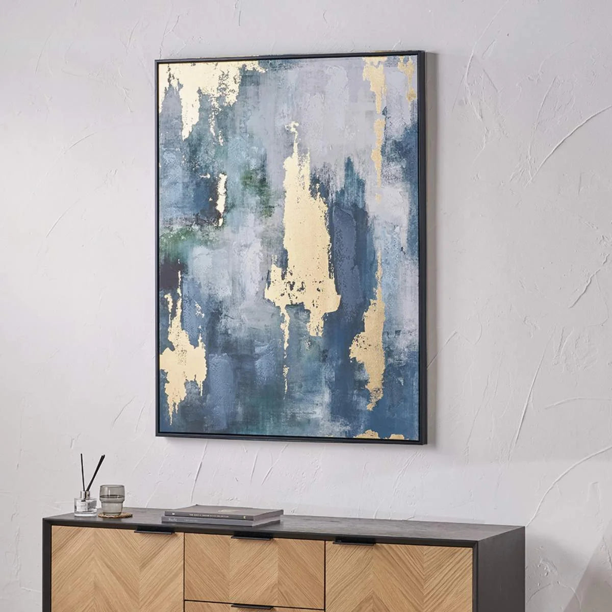 Pacific Lifestyle Gold and Blue Tone Abstract Canvas with Black Frame