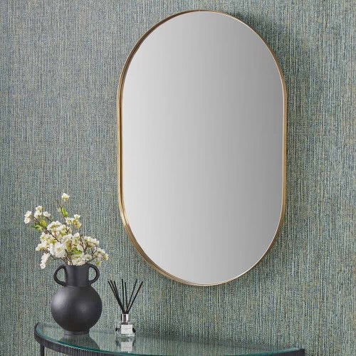 Pacific Lifestyle Brushed Gold Metal Slim Frame Oval Wall Mirror